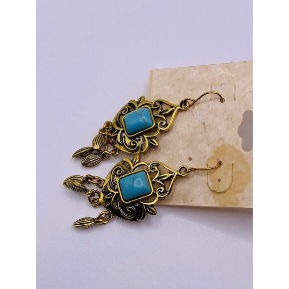 Courtney G Boho Turquoise Dangle Earrings Antique Gold Filigree Drop Western - Picture 2 of 3